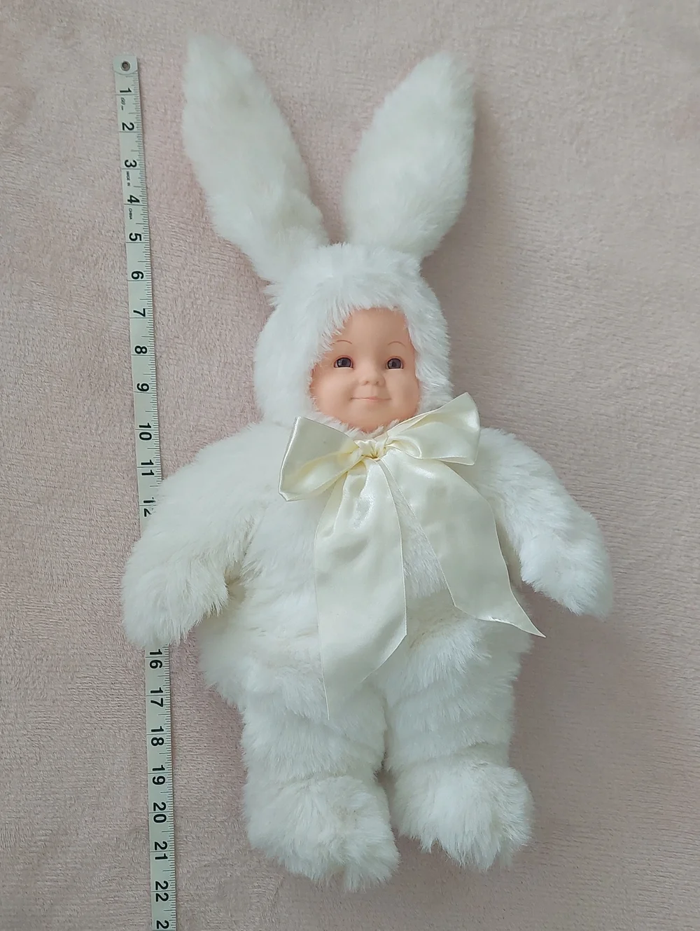 ANNE GEDDES Plush White Bunny Baby Doll with Satin Bow NWOT